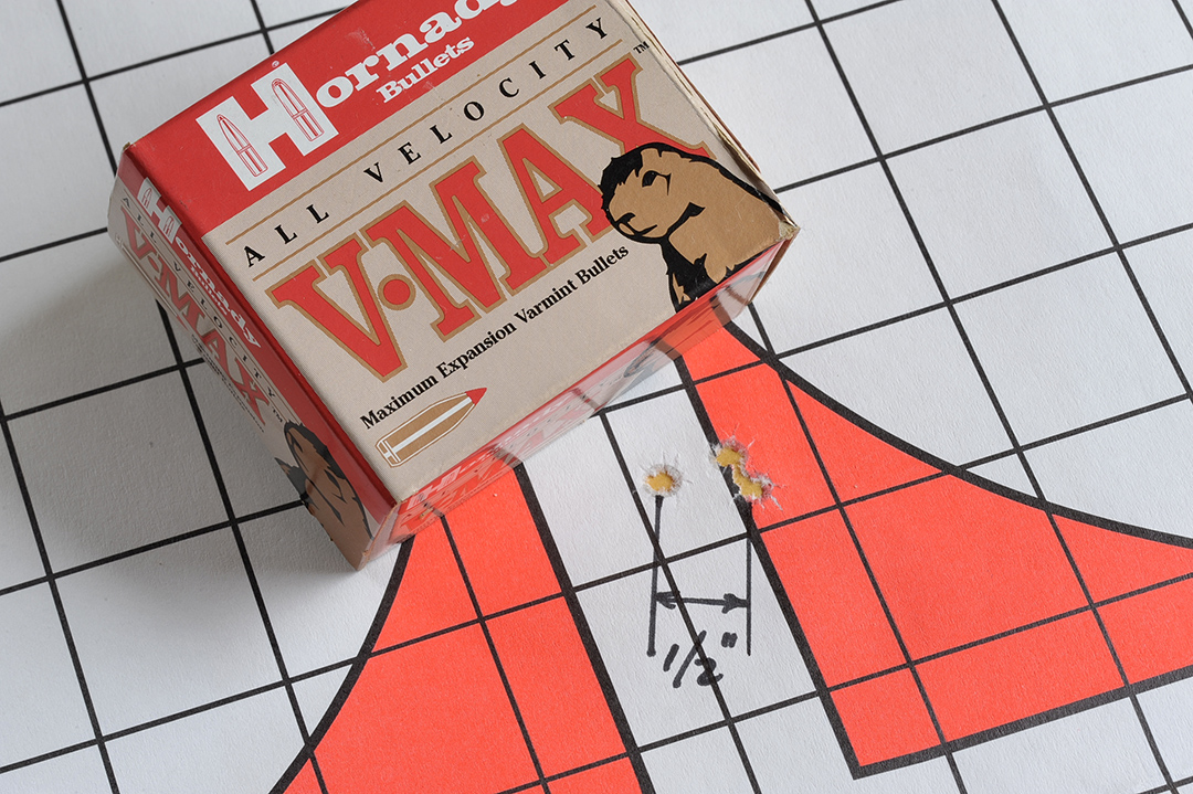 Coming in second place is a combination of a 50-grain Hornady V-MAX, again with IMR-4427 with a velocity of 2,999 fps and a group of .500 inch.